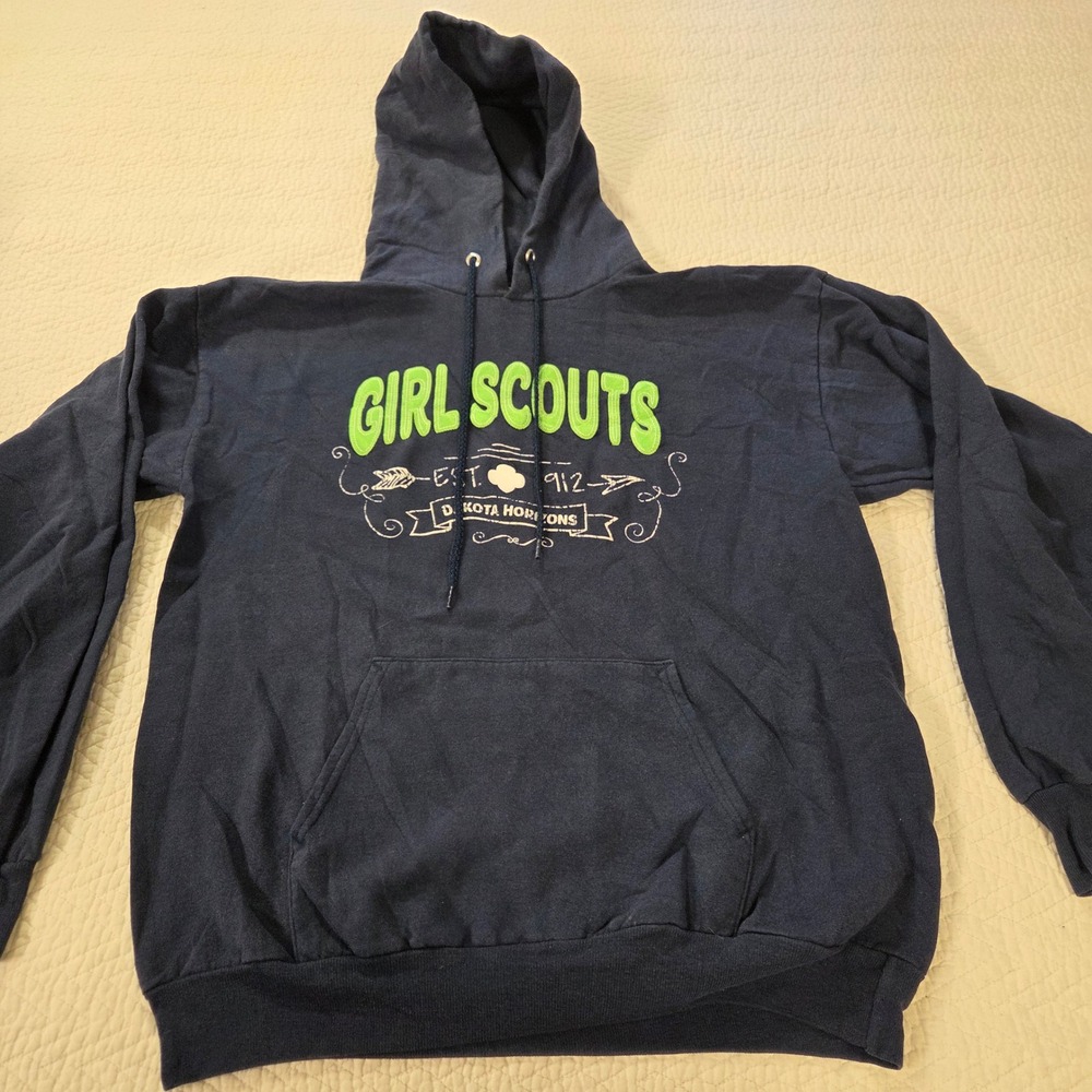 Girl Scouts Dakota Horizons Hoodie Navy‎ Blue Neon Green Graphic Pullover Medium